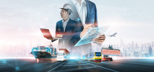 Business and technology digital future of cargo containers logistics transportation import export concept, Engineer using laptop online tracking control delivery distribution on world map background stock photo