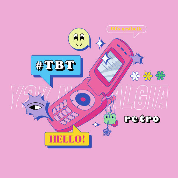 illustrations, cliparts, dessins animés et icônes de modèle de bannière pink flip phone y2k - old telephone mobile phone retro revival