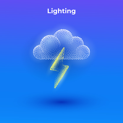 Lighting 3d icon with transparent effect. Halftone weather simple icon with minimalistic cloud and lighting shape.  Dots textured cloud and lighting illustration.