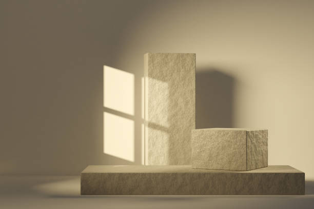 abstract geometric block podium scene 3d rendering with plaster texture and window shadow with warm sunlight for presentation product - camel fair imagens e fotografias de stock