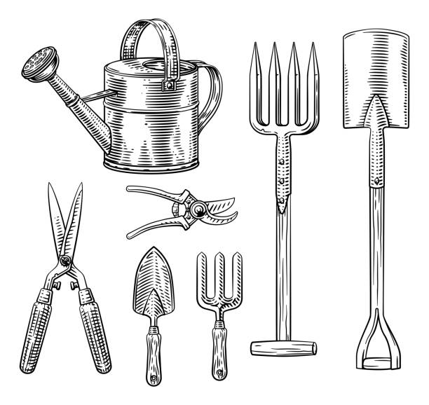 Garden Gardening Tools Set Woodcut Vintage Style Set of garden tools gardening equipment woodcut engraved vintage style icon illustrations community garden sign stock illustrations