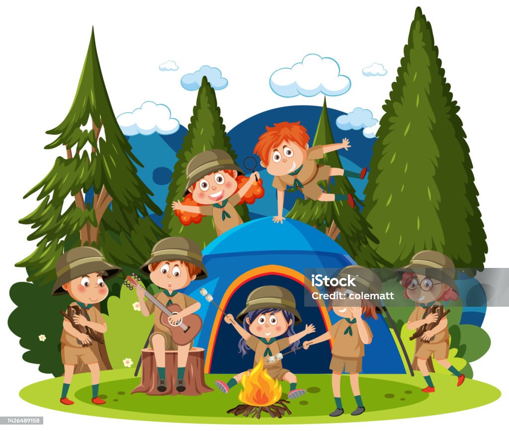 Camp Out Vector Children Camping Out At The Forest Stock Illustration - Download Image ...