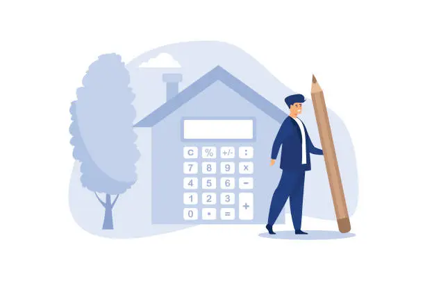 Vector illustration of House mortgage calculation, residential budget, insurance or cost and expense, real estate investment or home decoration money concept, businessman agent or broker holding pencil with house calculator