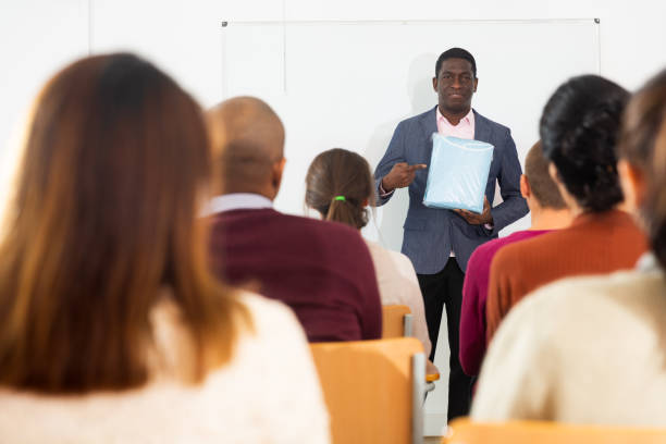 istock An entrepreneur advertises product at business training 1426491637