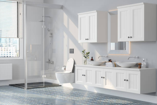 Modern Bathroom Interior With Shower, Toilet, Mirror And White Cabinets