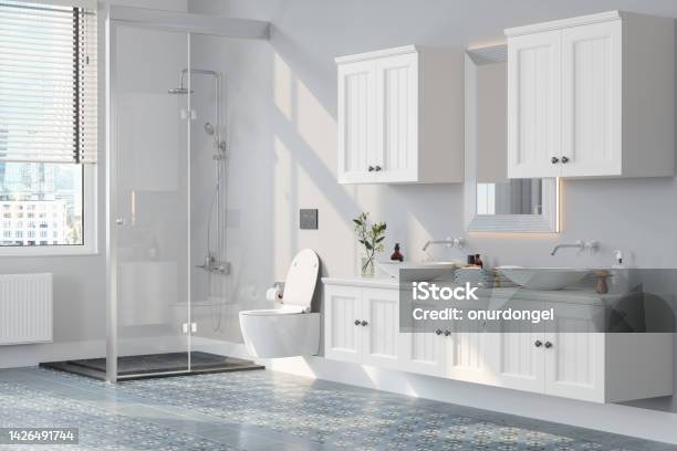 Modern Bathroom Interior With Shower Toilet Mirror And White Cabinets Stock Photo - Download Image Now