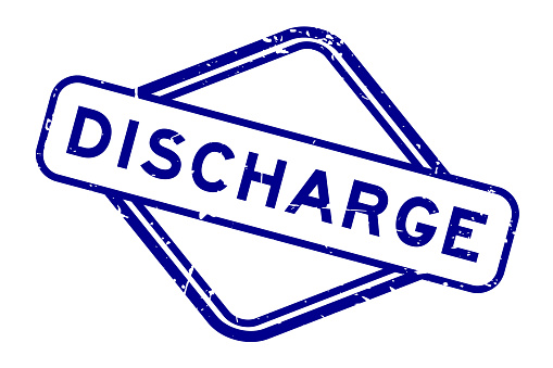 Grunge blue discharge word rubber seal stamp on white background