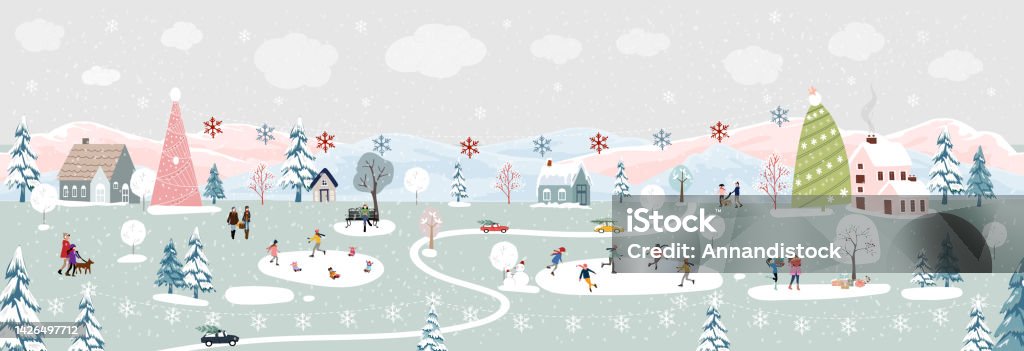Winter Wonderland Landscape Background At Night With People Celebration And  Kids Having Fun At Park In Villagevector Illustration Cute Cartoon For  Greeting Card Or Banner For Christmas Or New Year Stock Illustration -