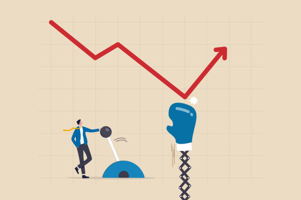 ilustrações de stock, clip art, desenhos animados e ícones de game changer strategy to improve or rising up, stock market rebound or solution for economic recover from recession concept, businessman push switch to change direction from falling down to rising up. - descida dos cestos