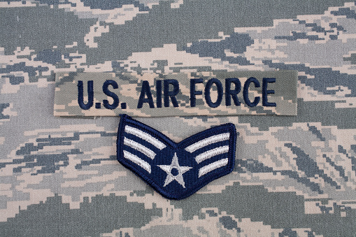 US AIR FORCE branch tape and Senior Airman rank patch on digital tiger-stripe pattern Airman Battle Uniform (ABU)