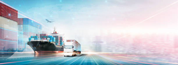 istock Technology Digital Future of Cargo Containers Logistics Transport Concept, Double Exposure Polygon Wireframe of Container Freight Ship, Truck, Modern futuristic Import Export Transportation Background 1426506380