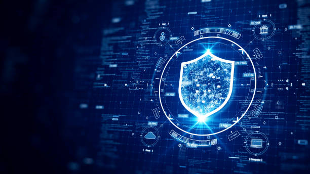 cybersecurity data protection digital technology concept internet network connection. Icons and polygons are connected inside the prominent shield on the right. binary code on dark blue background. stock photo