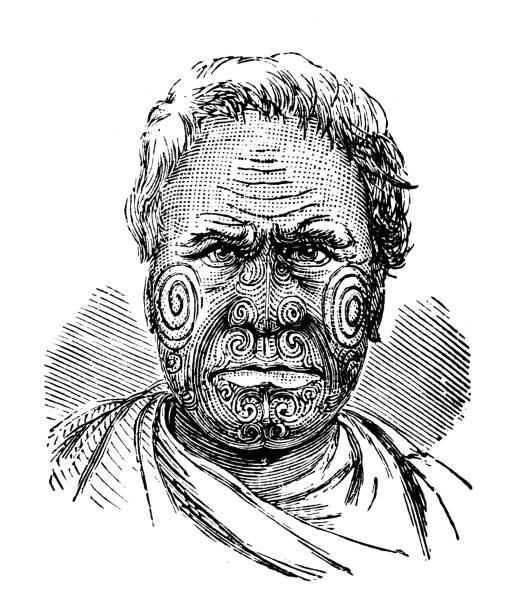 illustrazioni stock, clip art, cartoni animati e icone di tendenza di illustrazione antica del capo maori tatuato - tatuaggi maori