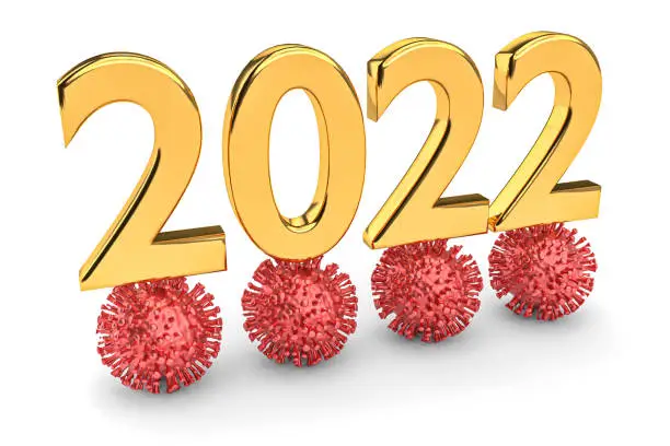 2022 is the year of the coronavirus. Digit 2022 with viruses. 3d rendering