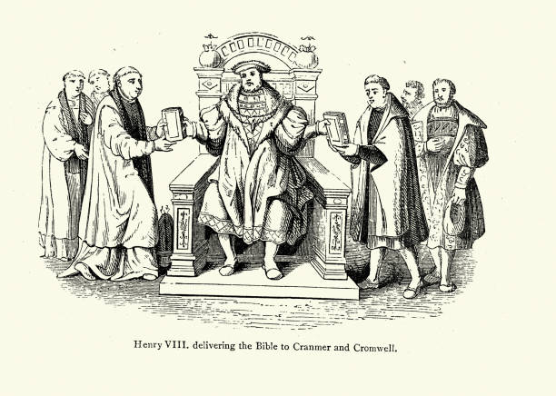 illustrazioni stock, clip art, cartoni animati e icone di tendenza di re enrico viii consegna la bibbia a cranmer e cromwell, storia dei tudor - henry viii tudor style king nobility