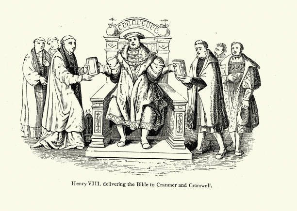 ilustrações de stock, clip art, desenhos animados e ícones de king henry viii delivery the bible to cranmer and cromwell, tudor history - henry viii tudor style king nobility