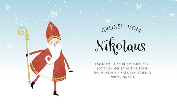 schön gezeichneter nikolaus-charakter, , text auf deutsch mit den worten "grüße von nikolaus" - ideal für einladungen, banner, tapeten, karten - vektordesign - santa claus christmas cartoon traditional culture stock-grafiken, -clipart, -cartoons und -symbole