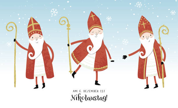 Lovely drawn Nikolaus character, , text in german saying "6th of December is Nikolaus Day" - great for invitations, banners, wallpapers, cards - vector design Lovely drawn Nikolaus character, , text in german saying "6th of December is Nikolaus Day" - great for invitations, banners, wallpapers, cards - vector design bishop clergy stock illustrations