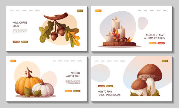 ilustrações, clipart, desenhos animados e ícones de conjunto de páginas da web com abóboras, velas, cogumelos, nozes. - autumn leaf thanksgiving falling