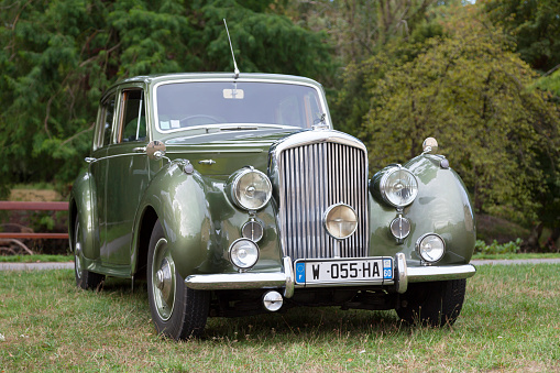 Little Gransden, Cambridgeshire, England - August 27, 2023: Vintage  1948 Bentley MK VI Saloon parked on grass.