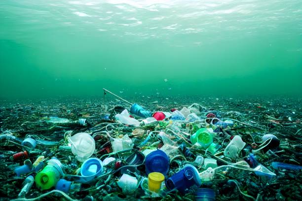 trash plastics dump under water stock photo