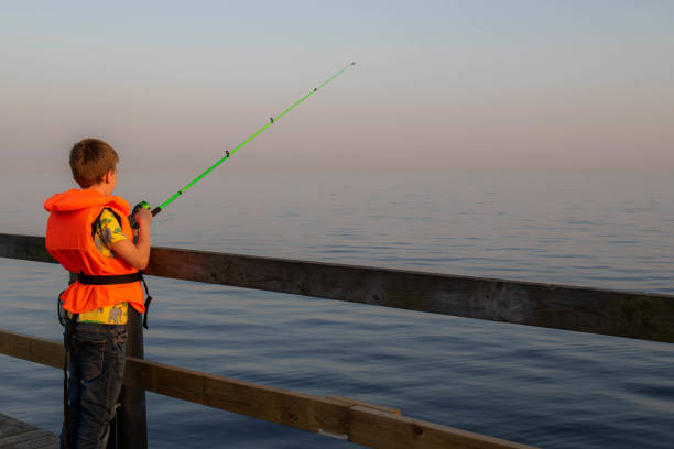 niño pescando en el océano desde un muelle - sweden fishing child little boys fotografías e imágenes de stock