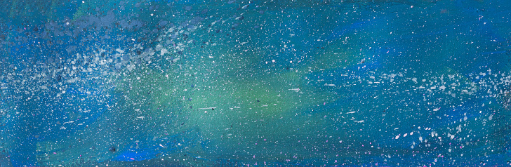Abstract space blue green white background. Gouache painting is multicolored. The night sky stars. Conceptual art drawing. Fashionable background for posters, postcards, invitations. Contemporary art