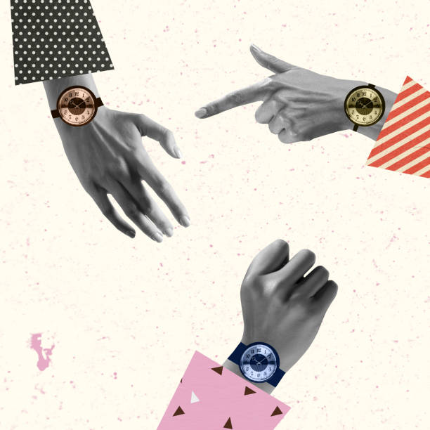 istock Keeps time. Human hands aesthetic wearing hand watches on light background, artwork. Concept of business, community, symbolism, surrealism. 1426547985