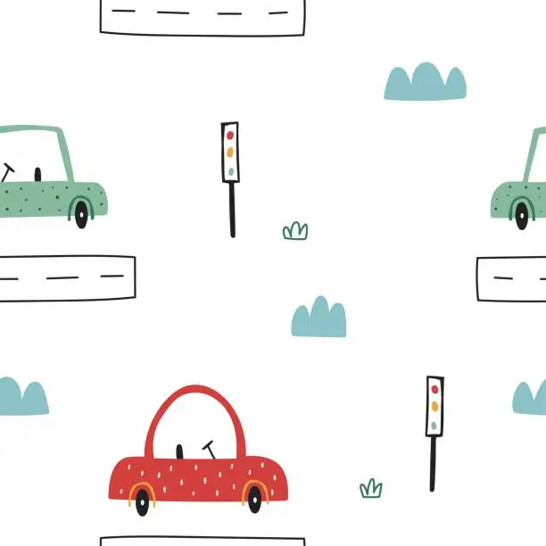 Vector illustration of cute simple childish seamless pattern with cars and traffic lights hand drawn design for nursery