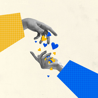 Stay with Ukraine. Blue and yellow hearts. Human hands aesthetic on light background, artwork. Concept of human relation, community, love, care. Contemporary art collage, modern design