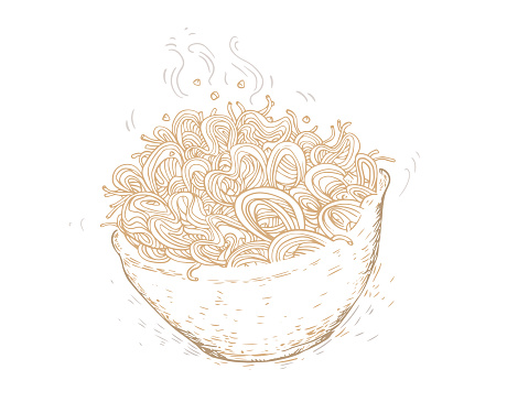 This is a digital sketch of a steaming bowl of noodles