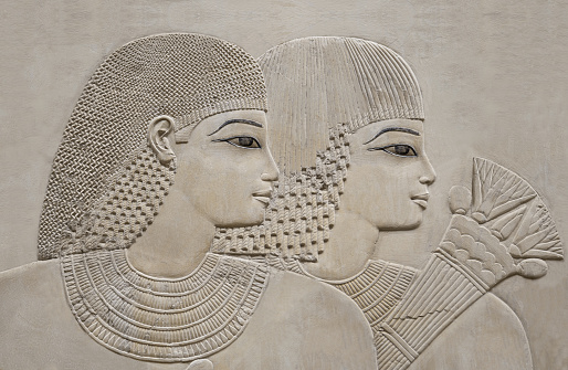 Portrait of beautiful young couple in the tomb of Ramose at Thebes near Luxor. Egypt .