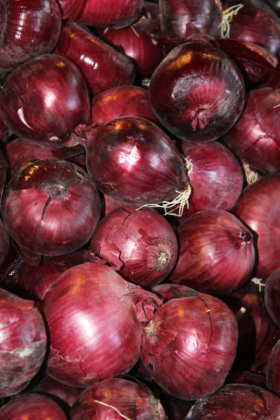 istock Red onions on the market shelf 1426549495