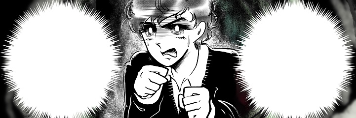 Japanese 70's shoujo manga　Black and white and wide size illustration of a beautiful boy with black hair and natural perm glaring angrily at betrayal