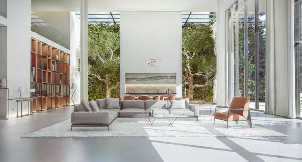 Spacious modern and luxurious living room interior rendering in 3d Large and luxurious interior of a modern living room with lounge area. Spacious living room interior render in 3d. green home decor stock pictures, royalty-free photos & images