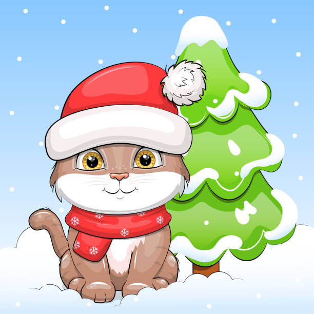 Cute cartoon cat in red hat and scarf sits next to a fir tree. Winter vector illustration of animal on blue background. new years baby stock illustrations