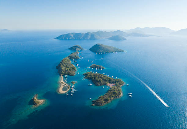 Turkish Maldives Yassica Islands Drone Photo, Gocek Fethiye, Mugla Turkey Turkish Maldives Yassica Islands Drone Photo, Gocek Fethiye, Mugla Turkey aegean islands stock pictures, royalty-free photos & images