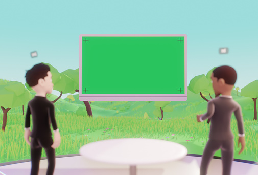 A meeting in the metaverse. Two people are using their digital avatars to meet online in virtual reality.