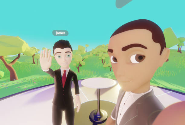 A meeting in the metaverse. Two people are using their digital avatars to meet online in virtual reality.