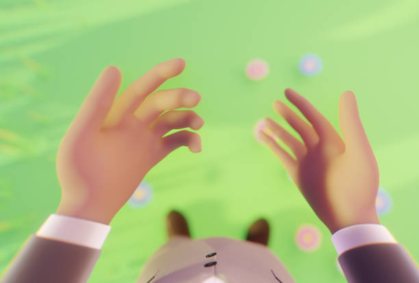 A meeting in the metaverse. Two people are using their digital avatars to meet online in virtual reality. Point of view of one of the men looking at his digital avatars hands in virtual reality.
