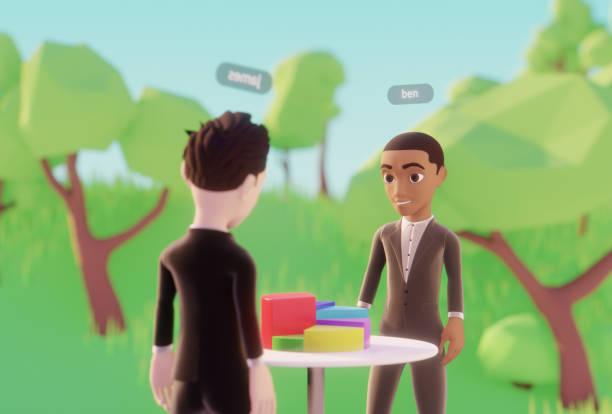 A meeting in the metaverse. Two people are using their digital avatars to meet online in virtual reality.