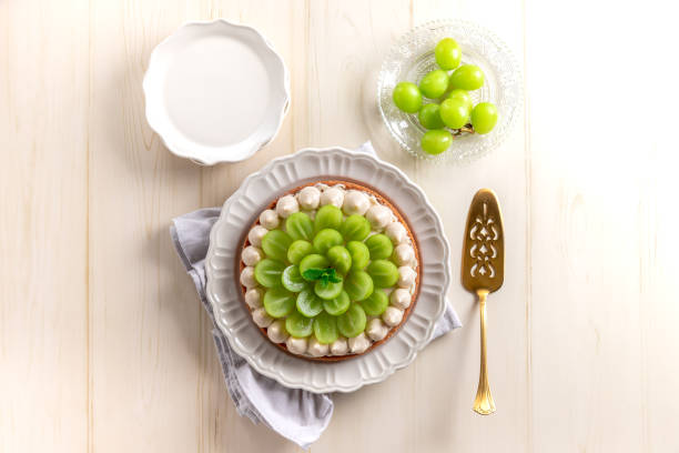 Round tart with fresh green grapes