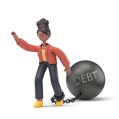 3D illustration of smiling african american woman Coco dragging his debts. 3D rendering on white background.
