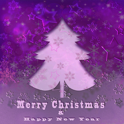 Shining purple pink christmas tree greeting card. Invitation for Christmas and New Year.