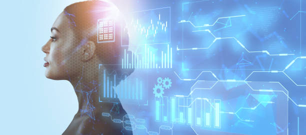 istock Silhouette of a woman on a blue background. Artificial intelligence and neural networks concept 1426554552