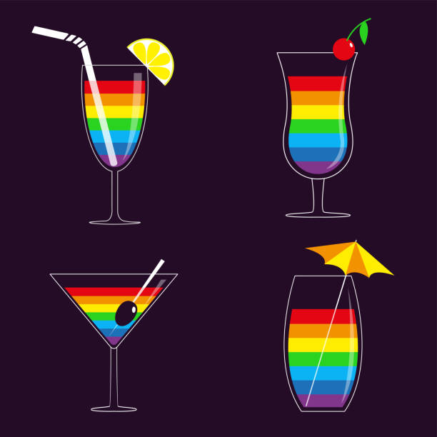 レインボーカクテルグラスセット。マティーニ。オリーブスティック。レモン、傘、わら、さくら。ゲイパーティーを飲む。lgbtのサイン記号。メニューテンプレート。フラットデザイン。暗 - drink umbrella cocktail glass isolated点のイラスト素材／クリップアート素材／マンガ素材／アイコン素材