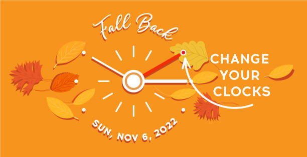 Daylight saving time ends 2022, Fall Back banner. Alarm clock and calendar date of sunday, November 6. Daylight saving time ends 2022, Fall Back banner. Alarm clock and calendar date of sunday, November 6. Fall Back vector illustration with changing clocks and reminder text set clock back one hour daylight saving time stock illustrations