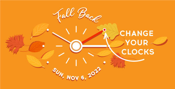 Daylight saving time ends 2022, Fall Back banner. Alarm clock and calendar date of sunday, November 6. Daylight saving time ends 2022, Fall Back banner. Alarm clock and calendar date of sunday, November 6. Fall Back vector illustration with changing clocks and reminder text set clock back one hour the end stock illustrations