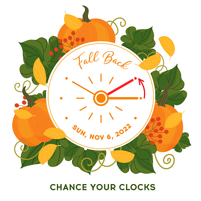 Fall Back 2022. Changing clocks to winter time, banner. Daylight Saving Time Ends, concept. Clocks with schedule date - 2022, november 6. Clocks decorated by fall frame with pumpkins and autumn leaves