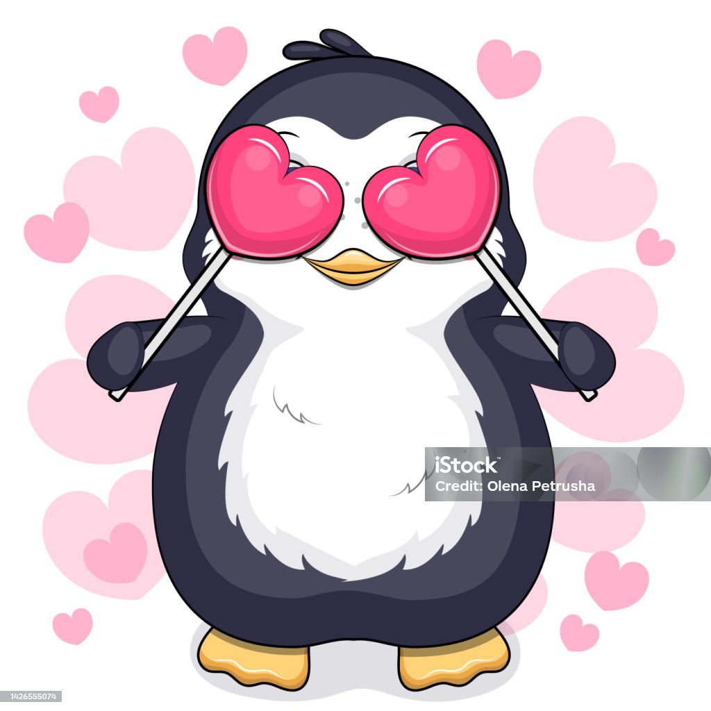 Chú Chim Cánh Cụt Hoạt Hình Dễ Thương Với Hai Trái Tim Hình minh ...